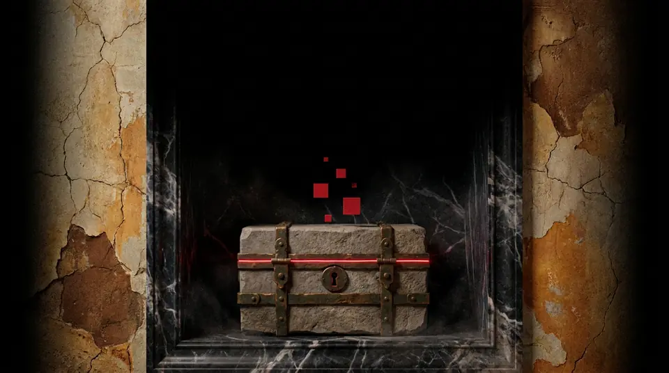 A stone casket bound in bronze, lid shut, a thin crimson line escaping only at the sealed seam.