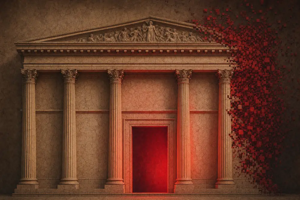 The same facade fully carved in warm marble, lit crimson from within, its edge assembling out of red pixels — the Sacred build