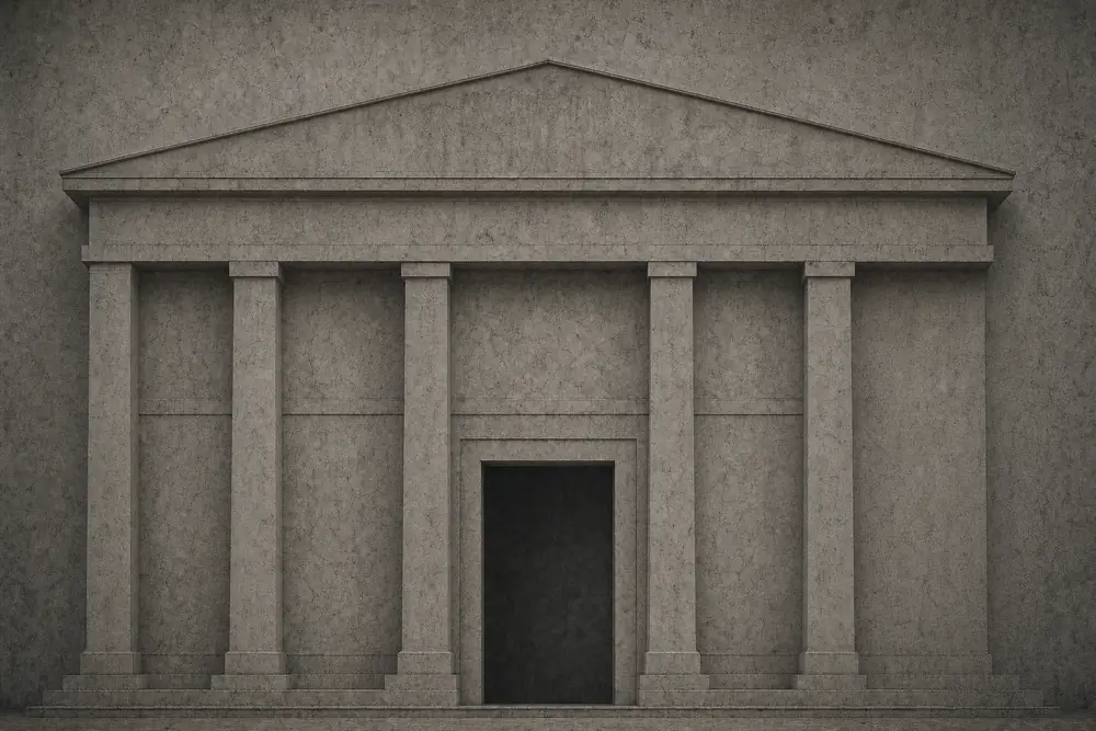 A plain, unadorned stone facade in flat grey light — the template build